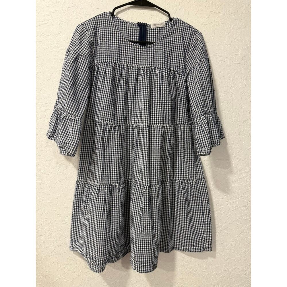 Hotouch Navy White Gingham Tiered Babydoll Mini Dress 3/4 Sleeve Size M